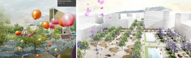 Αριστερά- business district στο Λονδίνο- Δεξιά Ομόνοια, Αθήνα